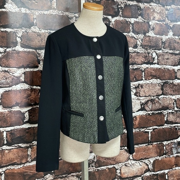 Cabi Jacket Women's Medium Green Black Mixed Media Blazer Cropped Snap Buttons - Picture 7 of 15